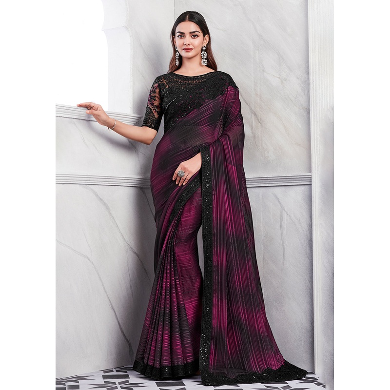 Lovely Plum Purple Silk Embroidered Designer Saree