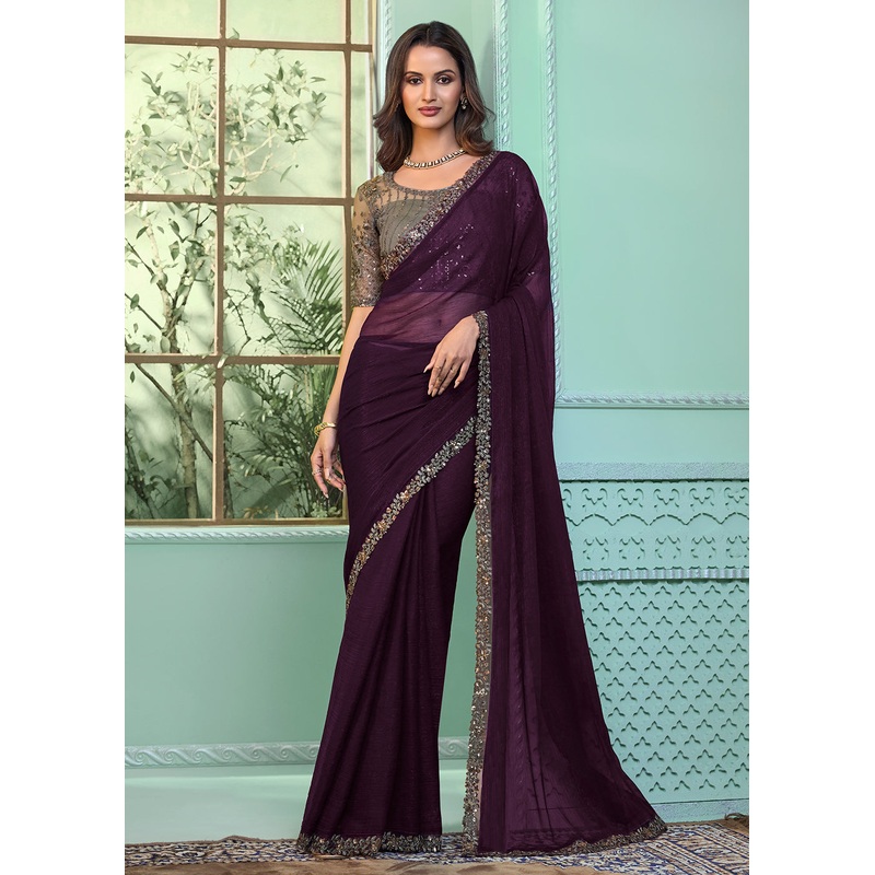 Lovely Purple Chiffon Embroidered Wedding Party Wear Saree