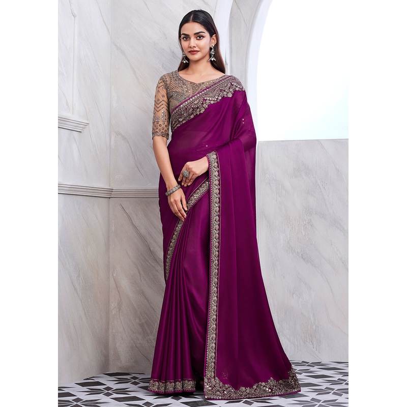Lovely Purple Wine Silk Embroidered Designer Saree