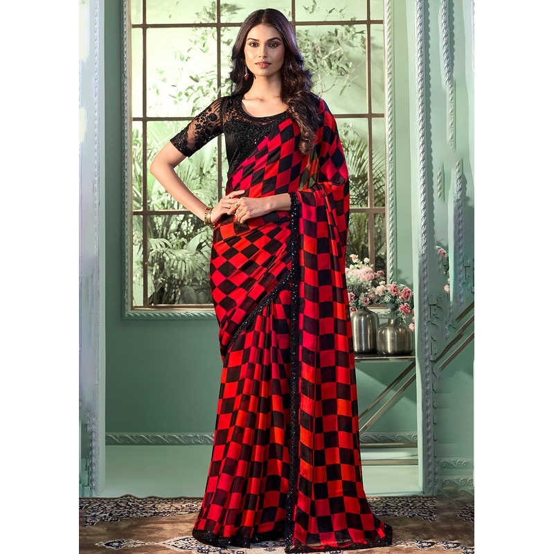 Lovely Red & Black Chiffon Embroidered Wedding Party Wear Saree