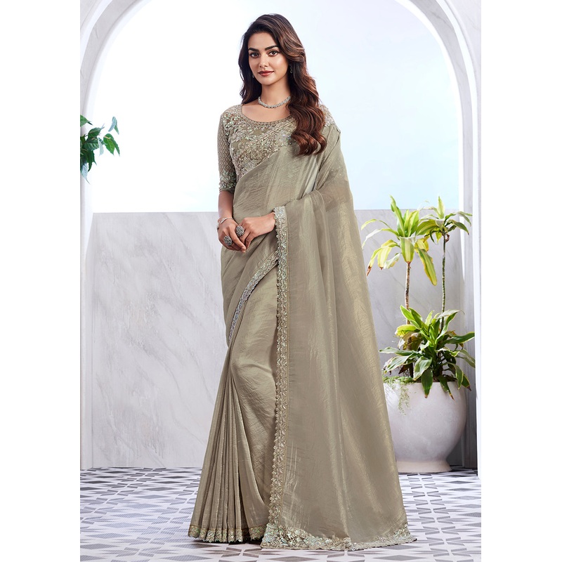 Lovely Sage Green Silk Embroidered Designer Saree
