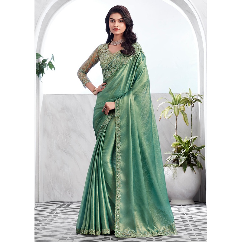 Lovely Sea Green Silk Embroidered Designer Saree