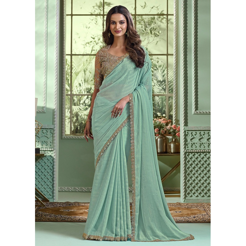 Lovely Sky Blue Chiffon Embroidered Wedding Party Wear Saree