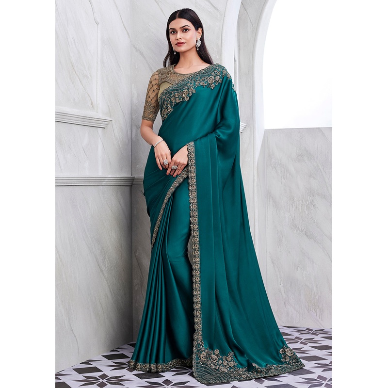 Lovely Teal Blue Silk Embroidered Designer Saree
