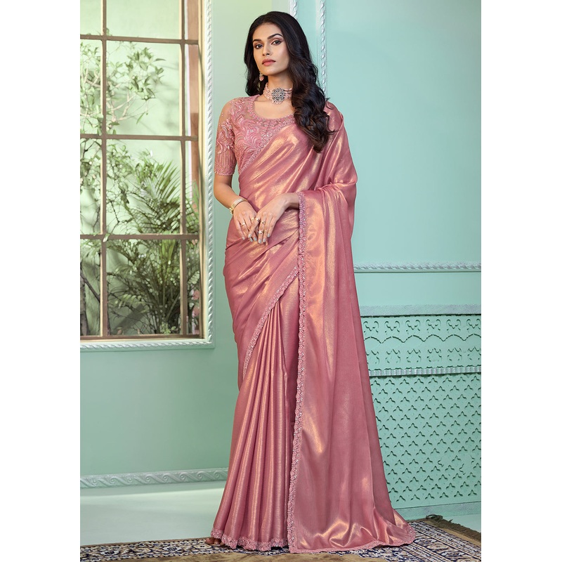 Lovely Two Tone Pink Embroidered Wedding Party Wear Saree