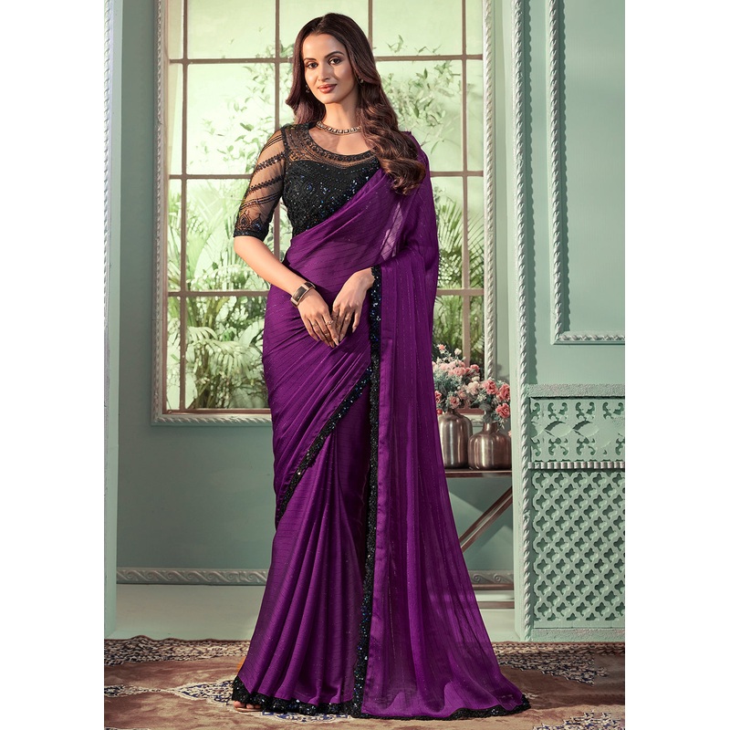 Lovely Violet Georgette Silk Embroidered Wedding Party Wear Saree