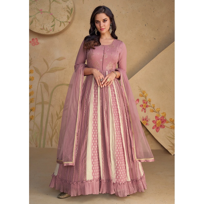Mauve Pink Sequins & Thread Wedding Festive Anarkali Dress