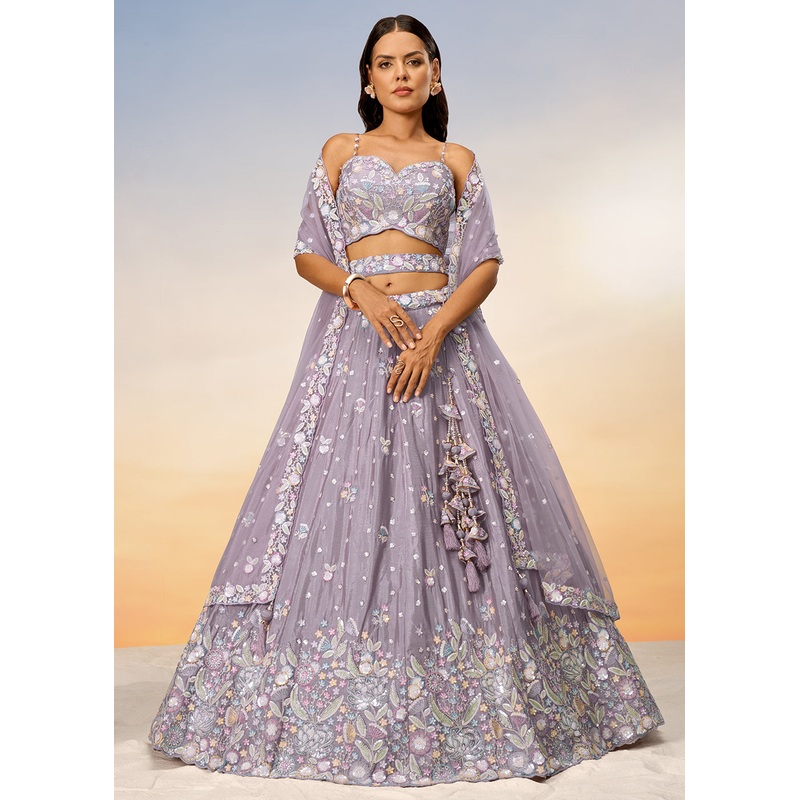 Mauve Poly Chiffon Embroidered Wedding Party Lehenga Choli