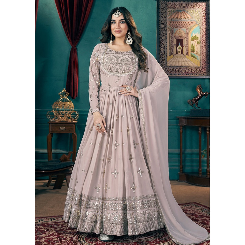 Metalic Foil Work Embroidered Wedding Festive Beige Anarkali Gown