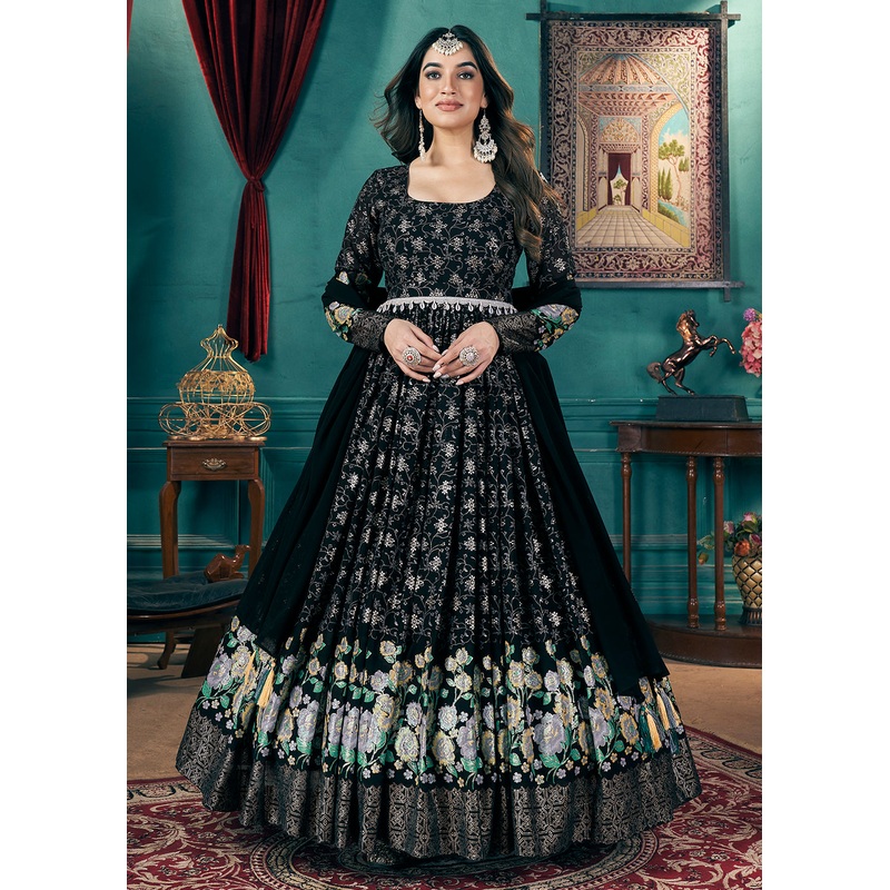 Metalic Foil Work Embroidered Wedding Festive Black Anarkali Gown