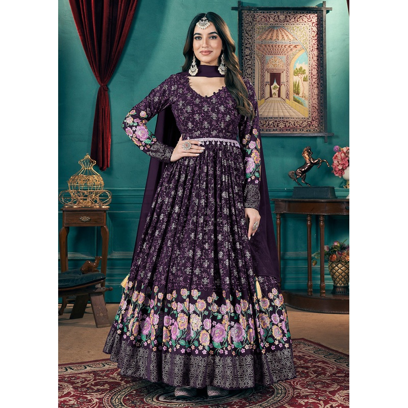 Metalic Foil Work Embroidered Wedding Festive Purple Anarkali Gown