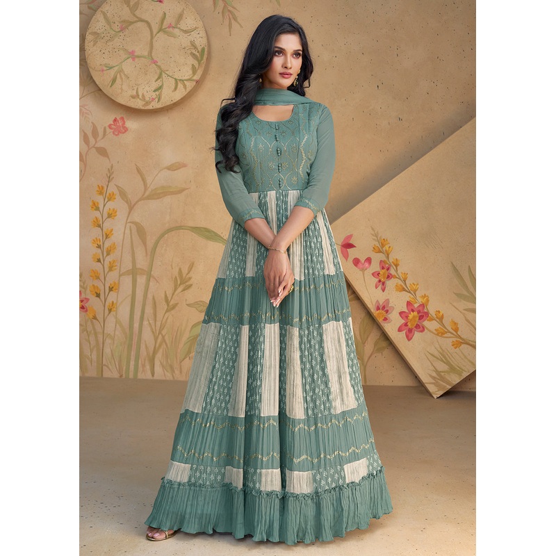 Mint Teal Sequins & Thread Wedding Festive Anarkali Dress