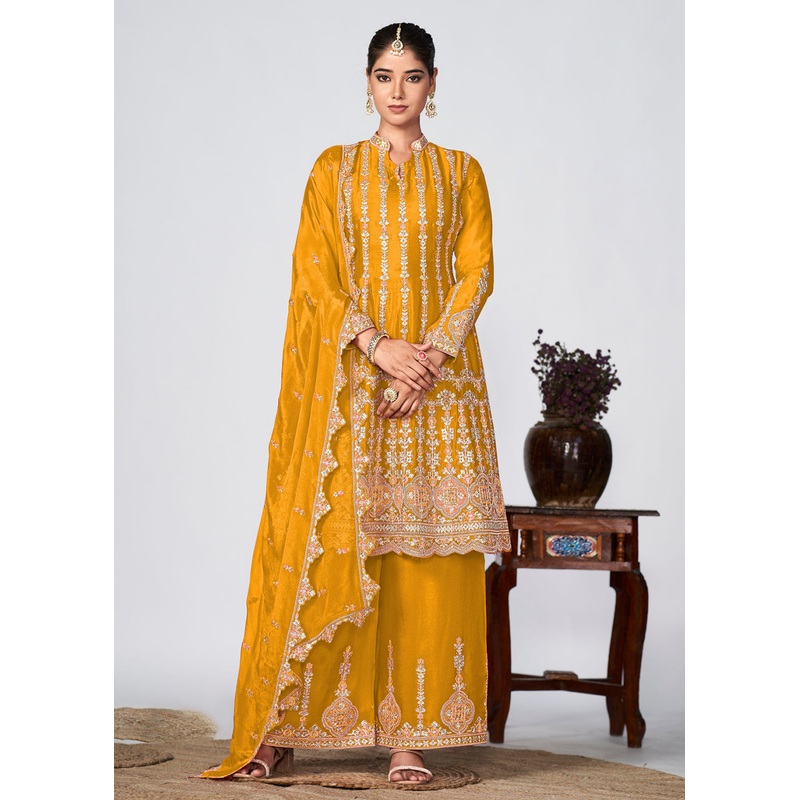 Mustard Heavy Chinnon Embroidered Festive Palazzo Suit