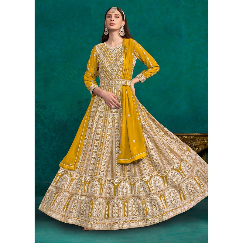 Mustard Lucknowi Embroidered Wedding Anarkali Suit