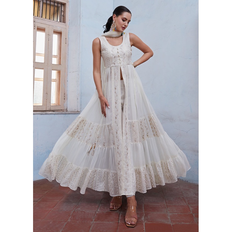 Off White Front Slit Style Pant Style Party Wear Suit
