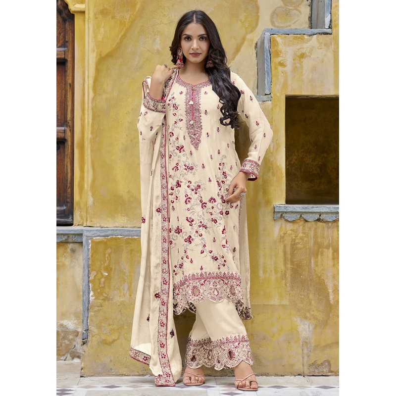 Off White Semi Pure Chinnon Wedding Festive Salwar Suit