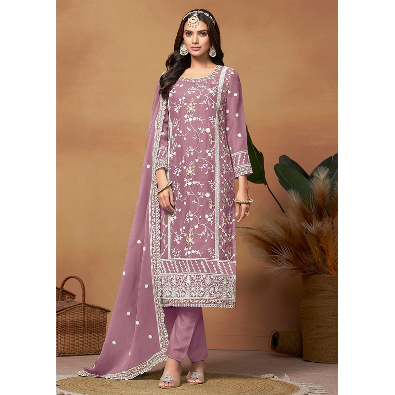Pakistani Style Mauve Pink Embroidered Organza Salwar Suit