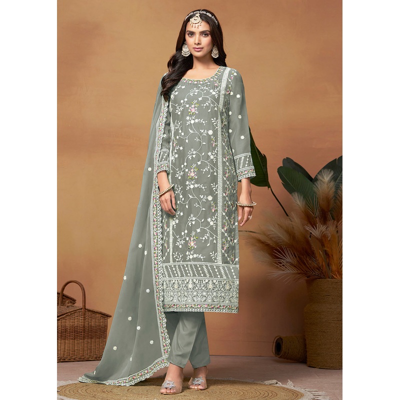 Pakistani Style Moss Grey Embroidered Organza Salwar Suit
