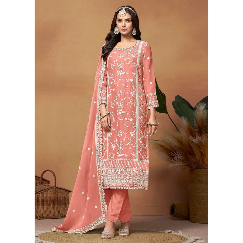 Pakistani Style Peach Embroidered Organza Salwar Suit