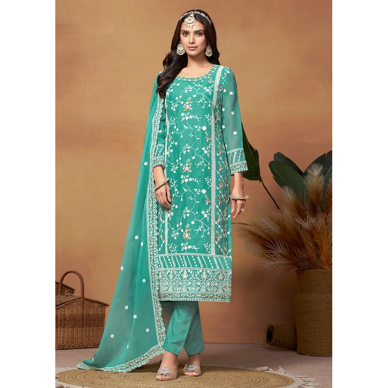 Pakistani Style Turquoise Embroidered Organza Salwar Suit