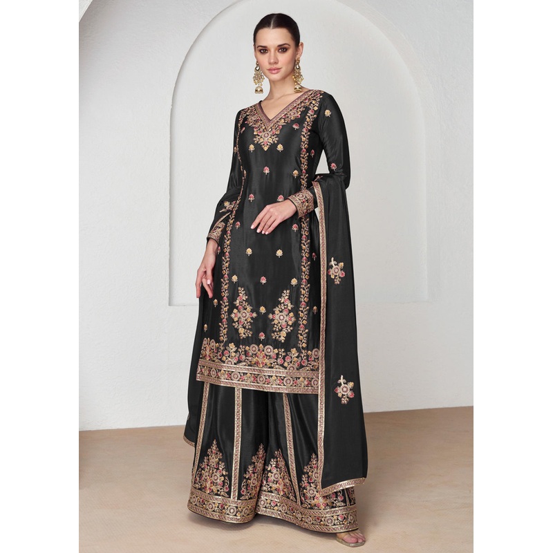 Palazzo Style Premium Chinnon Silk Black Festive Suit