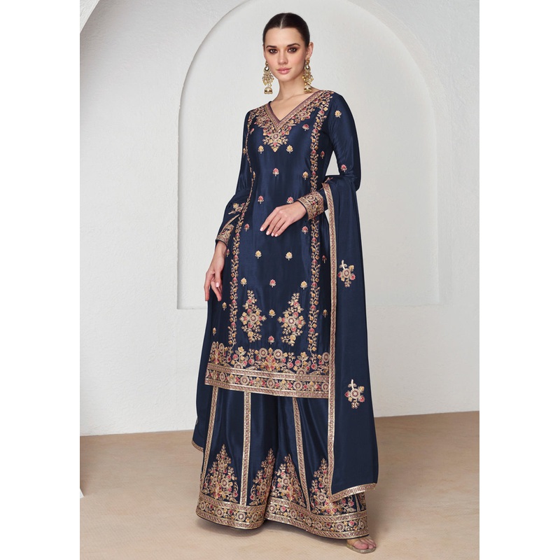 Palazzo Style Premium Chinnon Silk Navy Blue Festive Suit