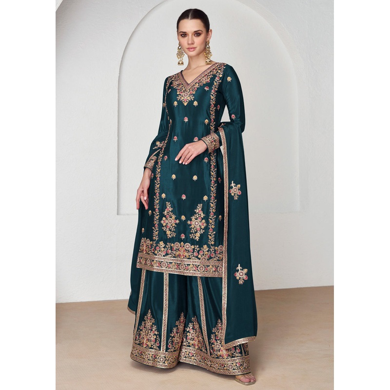 Palazzo Style Premium Chinnon Silk Teal Blue Festive Suit