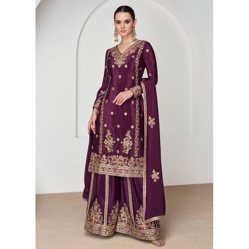 Palazzo Style Premium Chinnon Silk Wine Festive Suit