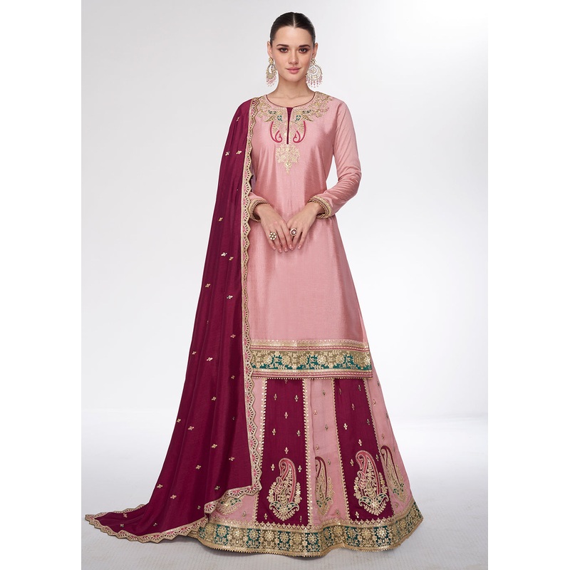 Peach Embroidred Wedding Lehenga Kurti Set