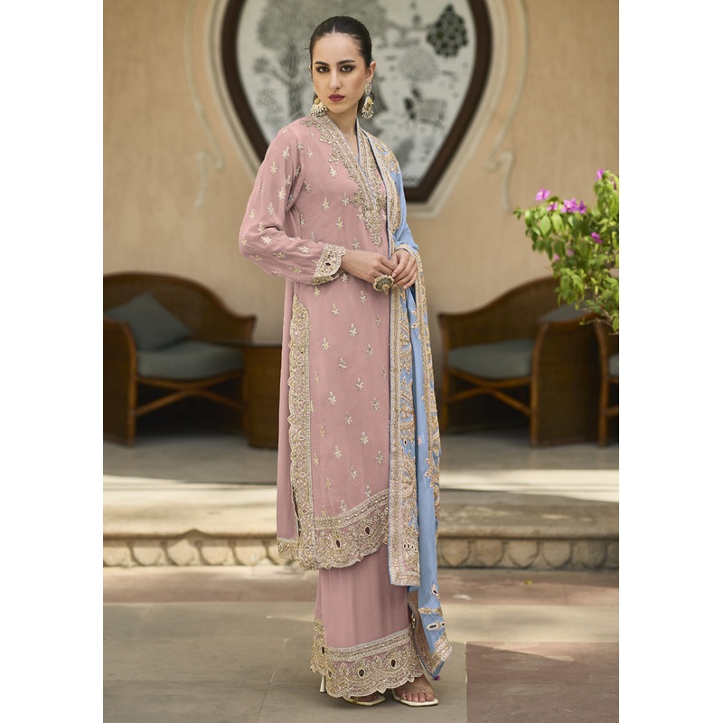 Peachy Pink Semi Chiffon Pakistani Style Palazzo Suit
