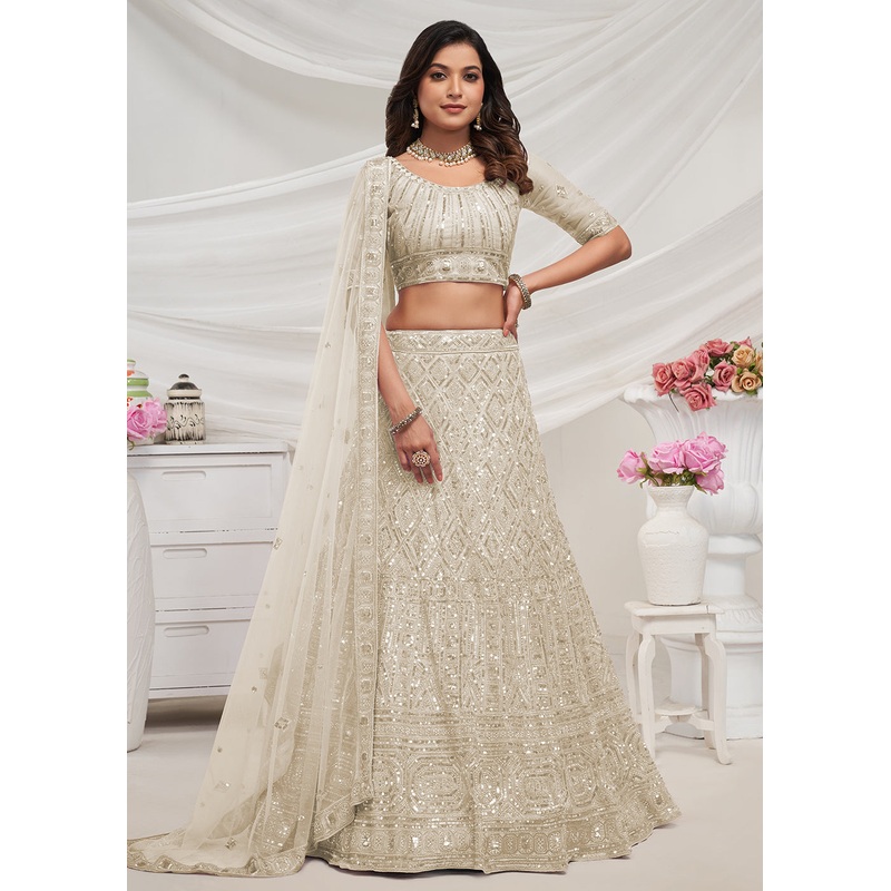 Pearled Ivory White Heavy Embroidered Bridal Lehenga Choli