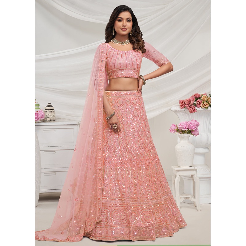 Pearled Peach Heavy Embroidered Bridal Lehenga Choli