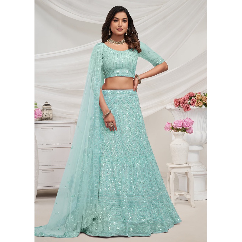 Pearled Sky Blue Heavy Embroidered Bridal Lehenga Choli