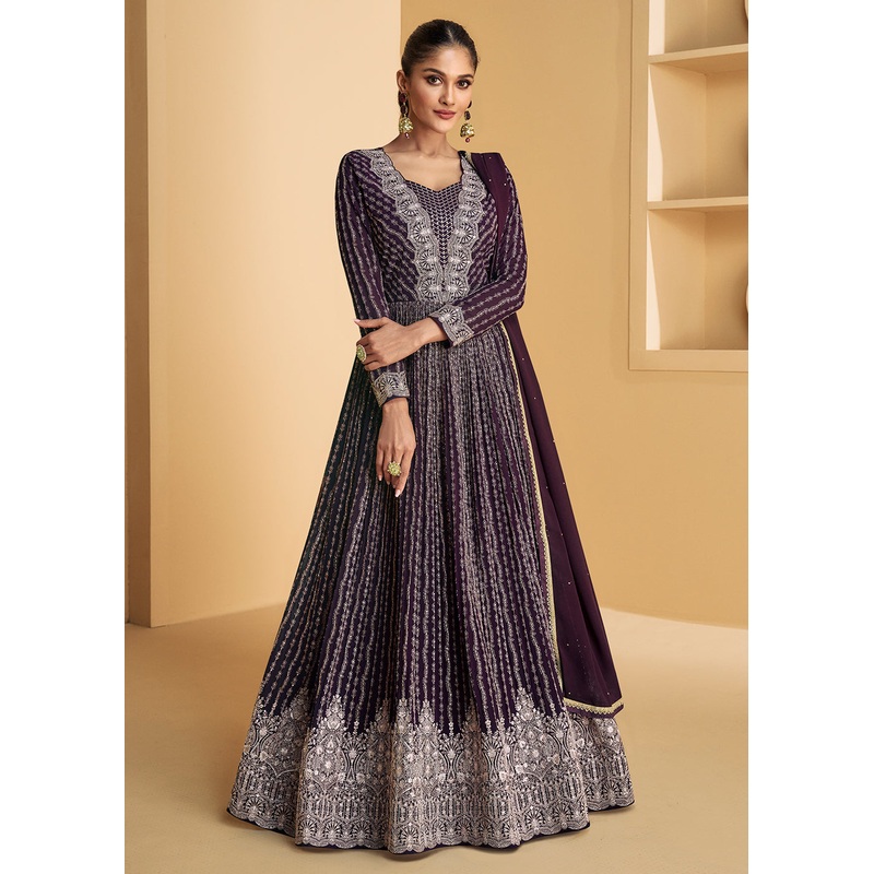 Plum Purple Embroidered Wedding Style Anarkali Suit