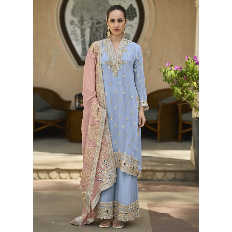 Powder Blue Semi Chiffon Pakistani Style Palazzo Suit