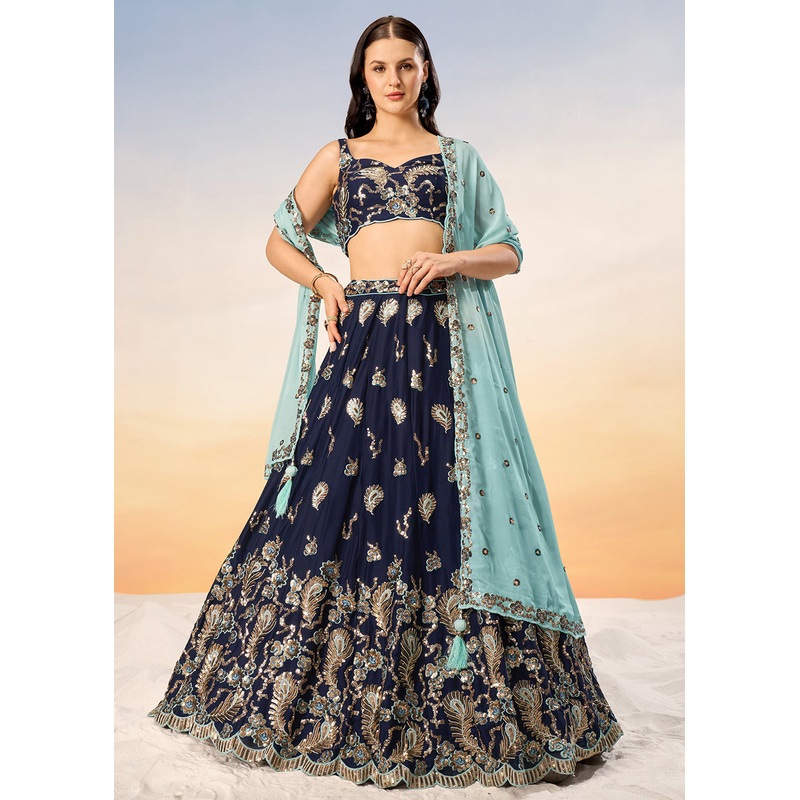 Pretty Navy Blue Sequins Embroidered Designer Lehenga Choli