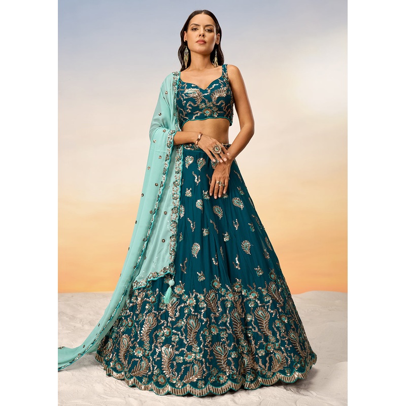 Pretty Teal Sequins Embroidered Designer Lehenga Choli