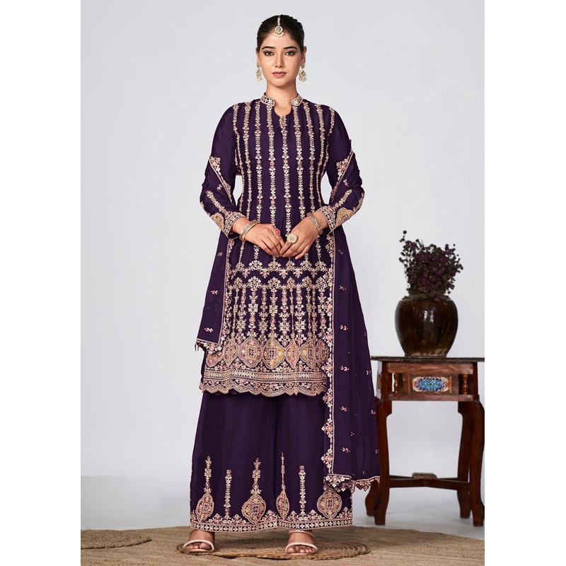 Purple Heavy Chinnon Embroidered Festive Palazzo Suit