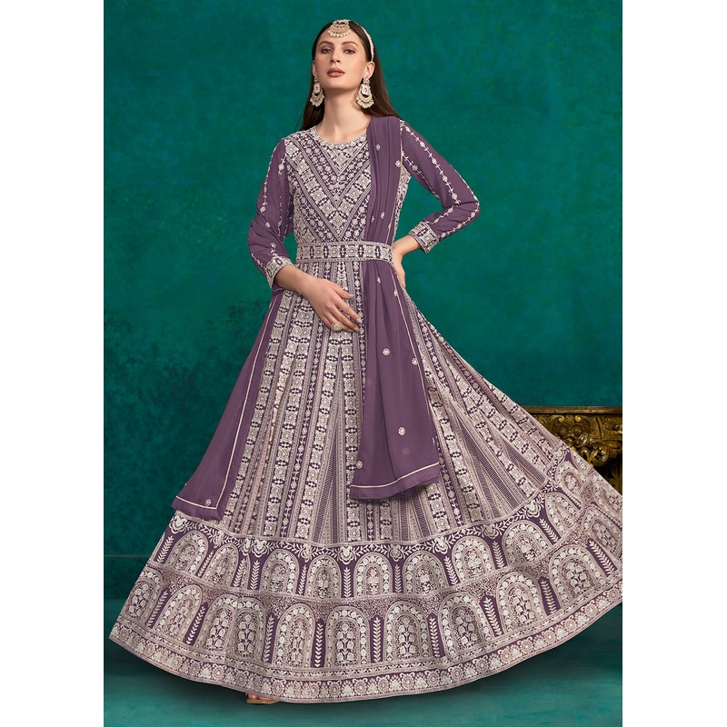Purple Lucknowi Embroidered Wedding Anarkali Suit