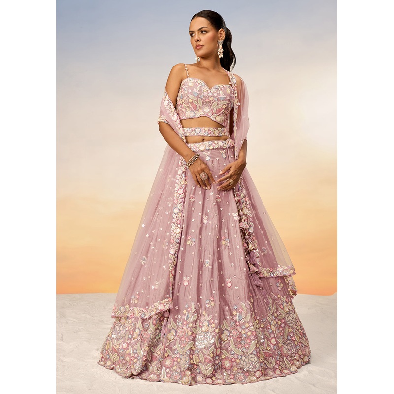 Rose Gold Poly Chiffon Embroidered Wedding Party Lehenga Choli