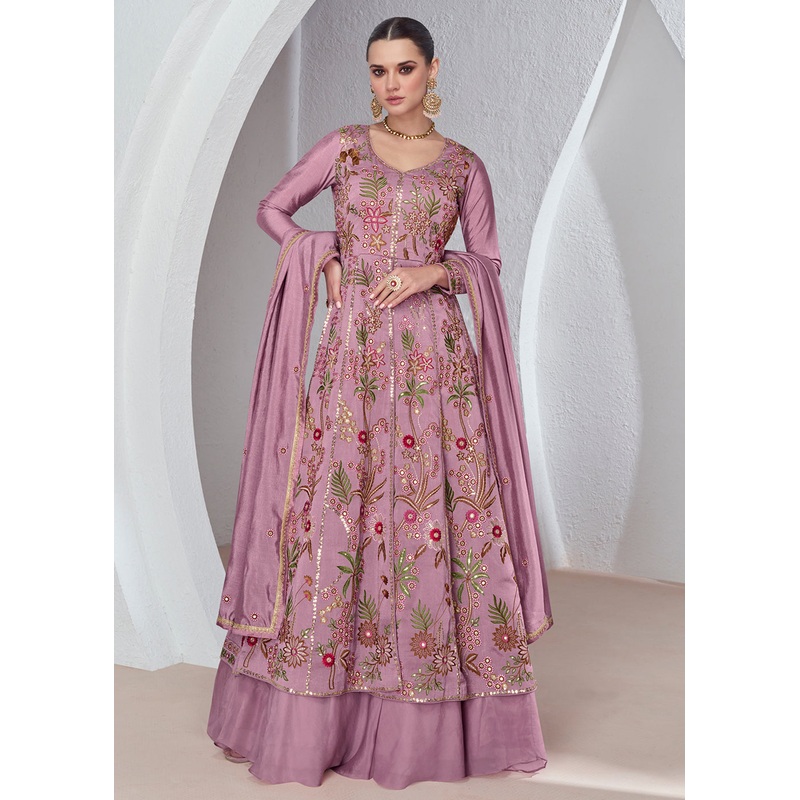 Rose Pink Front Slit Embroidered Lehenga Skirt Suit