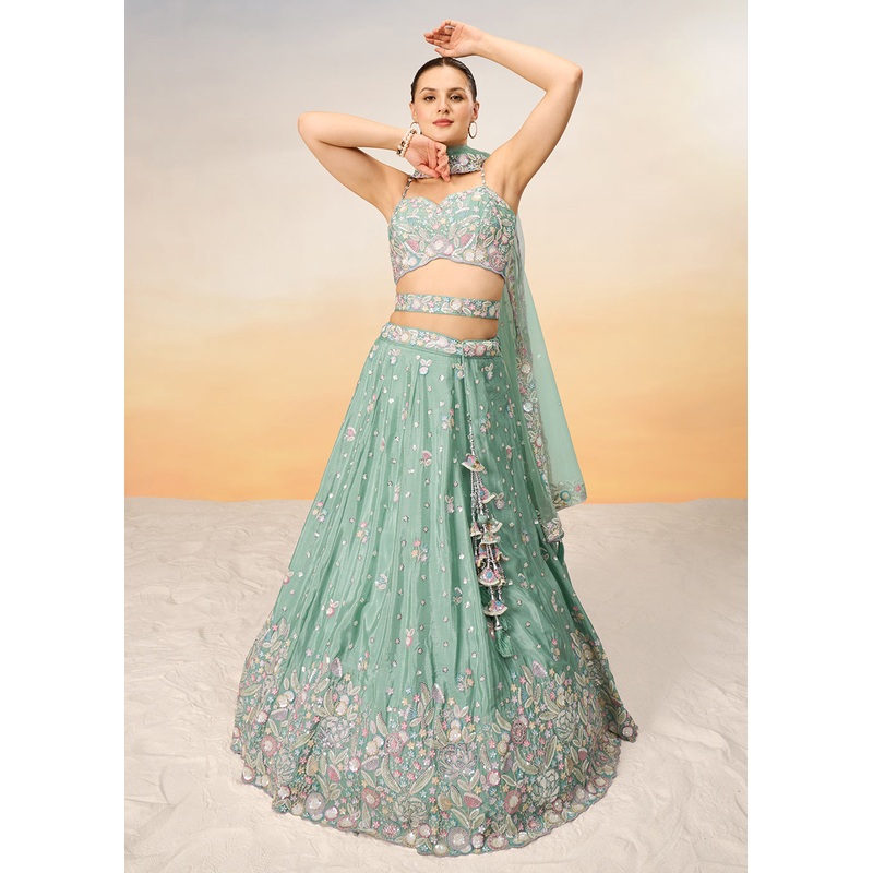 Sea Green Poly Chiffon Embroidered Wedding Party Lehenga Choli