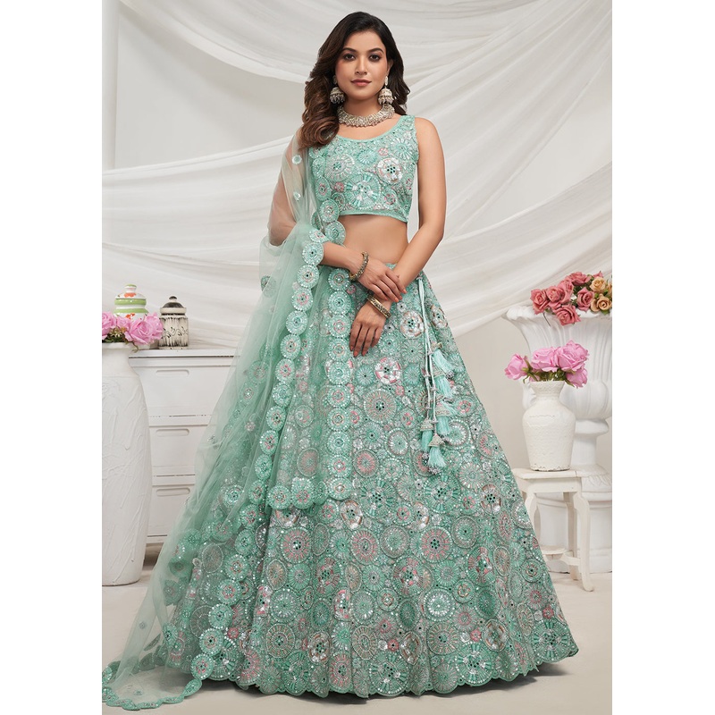 Sky Blue Bridal Mirror Embroidered Designer Lehenga Choli