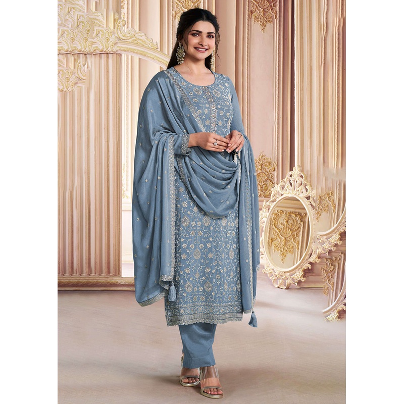 Stunning Bluish Grey Embroidered Festive Salwar Suit