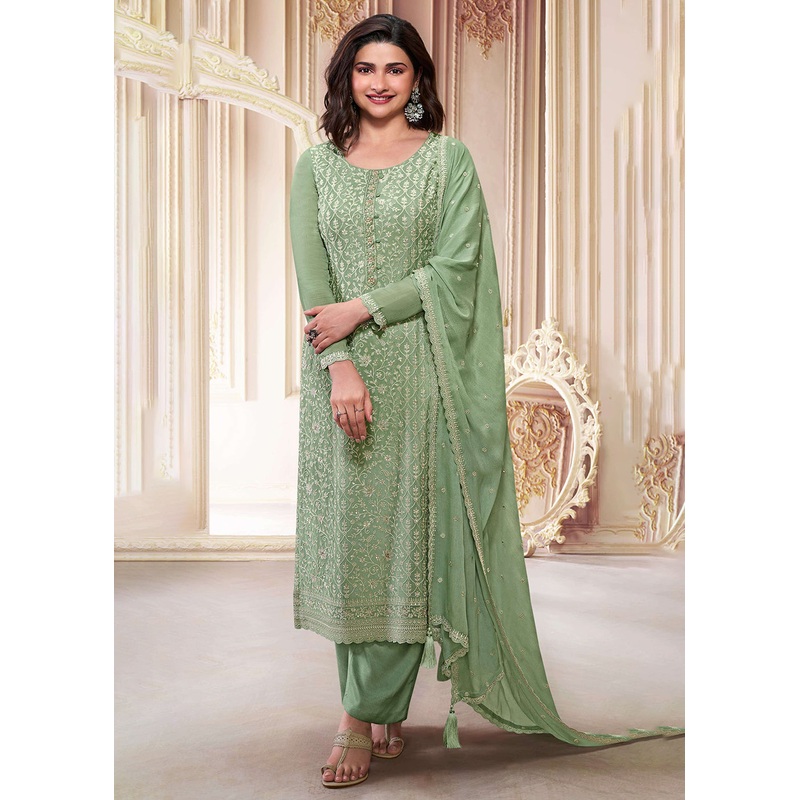 Stunning Pista Green Embroidered Festive Salwar Suit