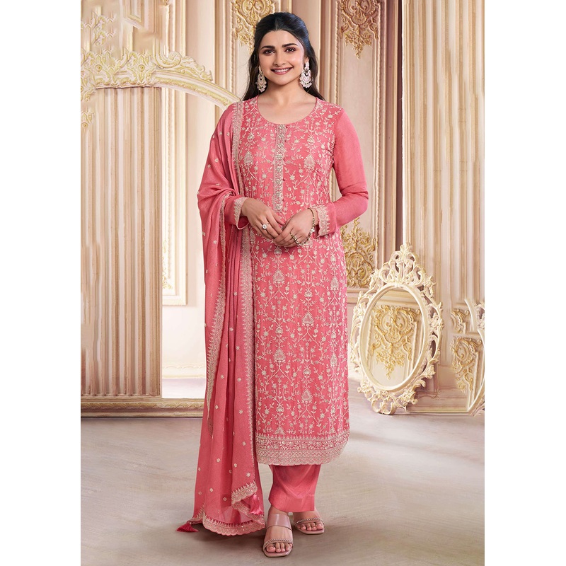 Stunning Salmon Pink Embroidered Festive Salwar Suit