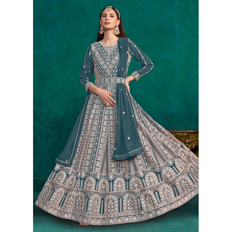 Teal Blue Lucknowi Embroidered Wedding Anarkali Suit