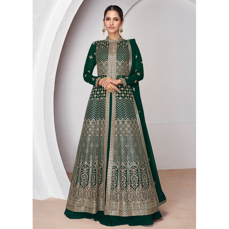 Wedding Wear Forest Green Lehenga Skirt Anarkali Suit