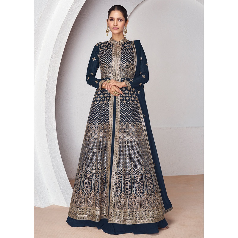 Wedding Wear Prussian Blue Lehenga Skirt Anarkali Suit