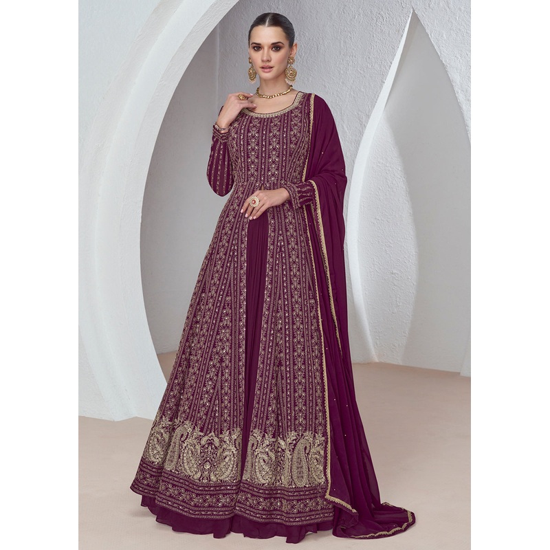 Wine Plum Front Slit Embroidered Lehenga Skirt Suit